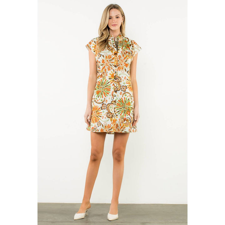 THML FTM3087 Ruffle Neck Flower Dress