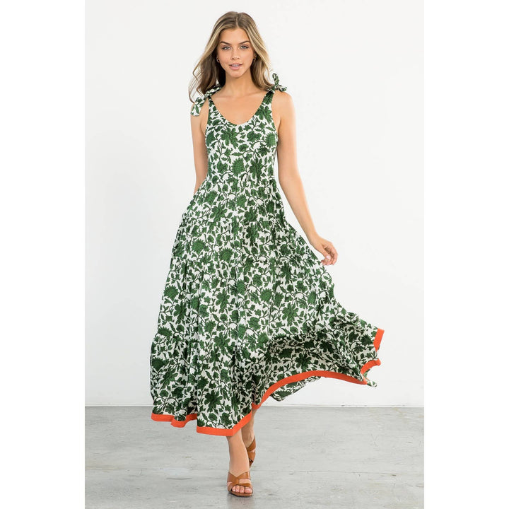 THML - Cream Sleeveless Maxi Dress with Green Floral Print