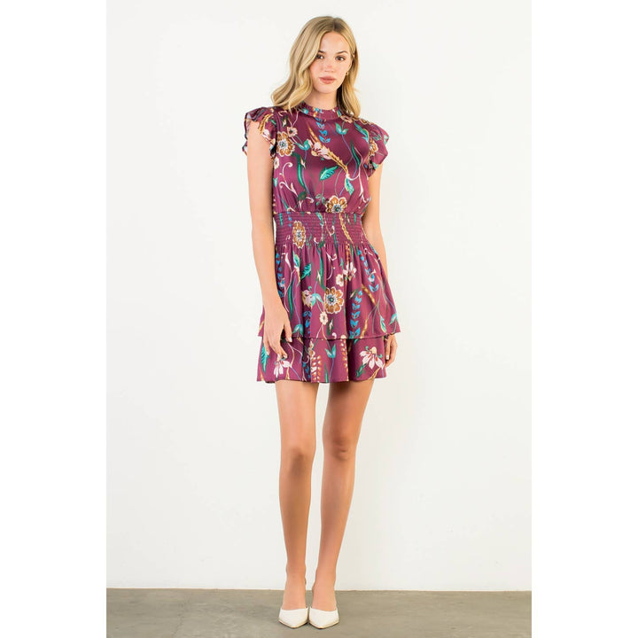 THML FTM3129 Smocked Waist Flutter Sleeve Dress Burgundy
