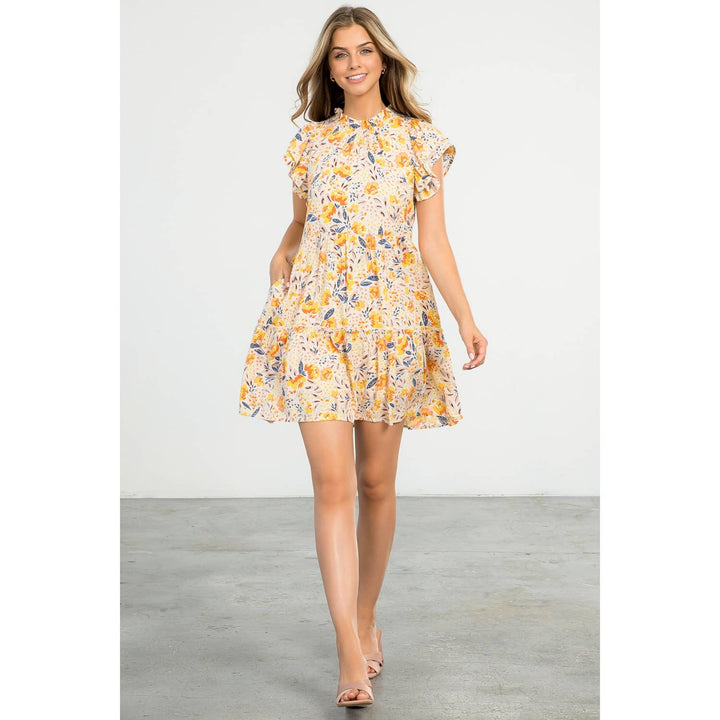 THML TM5411 Flower Tiered Dress Beige