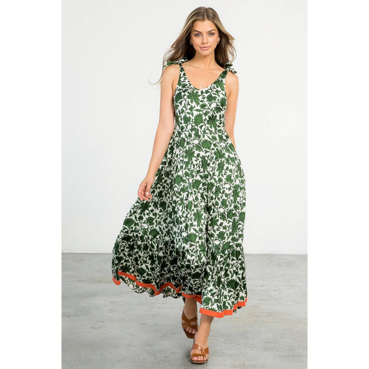 THML - Cream Sleeveless Maxi Dress with Green Floral Print