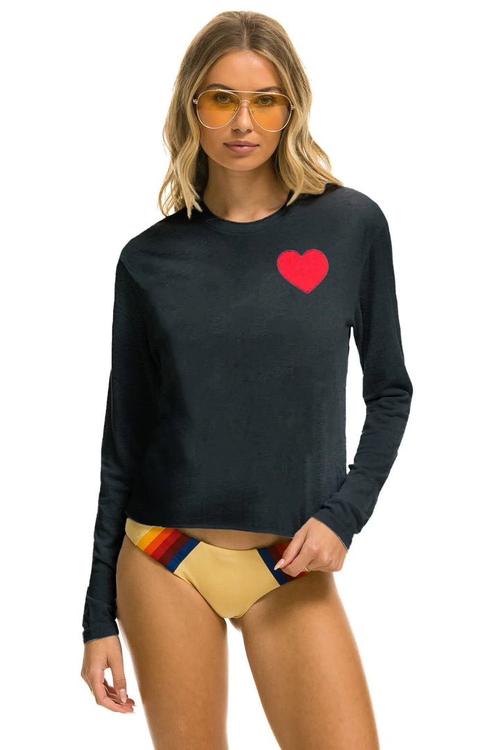 Heart Print Long Sleeve Boyfriend Tee - Charcoal