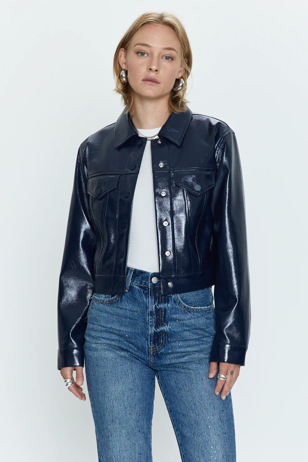 Pistola Emery Cropped Vinyl Trucket Jacket  - Navy Vinyl