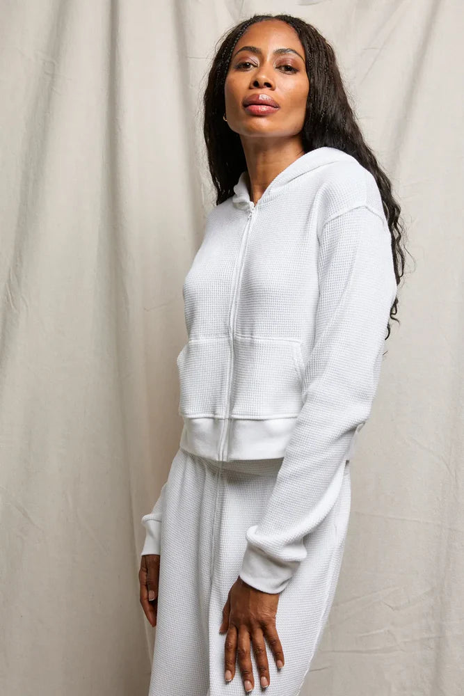 Perfect White Inez Waffle Knit Sweatshirt Hoodie