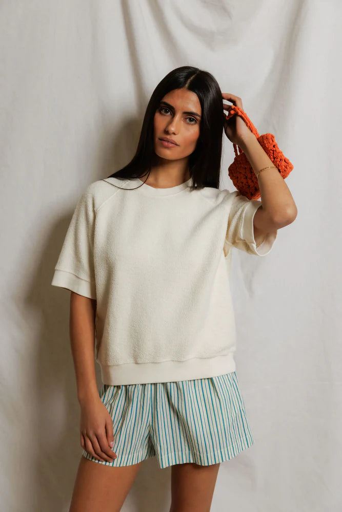 perfectwhitetee Kennedy Crew Short Sleeve Sweatshirt- Bright Ivory