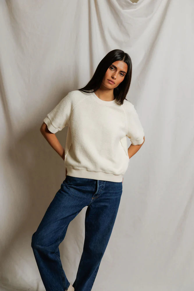 perfectwhitetee Kennedy Crew Short Sleeve Sweatshirt- Bright Ivory