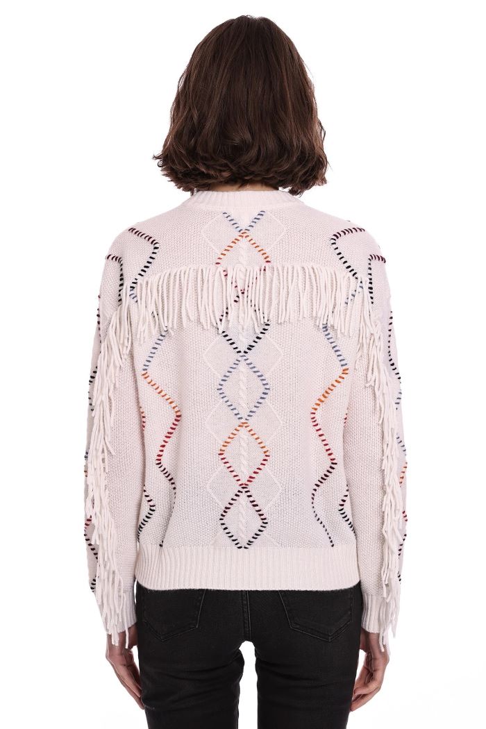 Minnie Rose Cash Cable Corded Detail Fringe Pullover