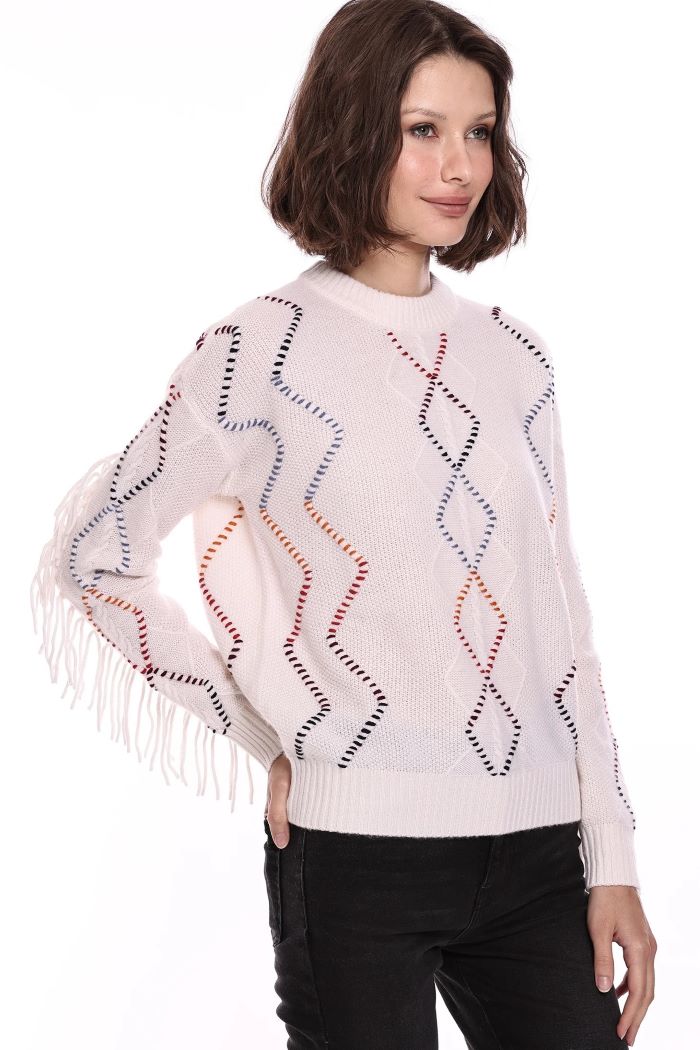 Minnie Rose Cash Cable Corded Detail Fringe Pullover