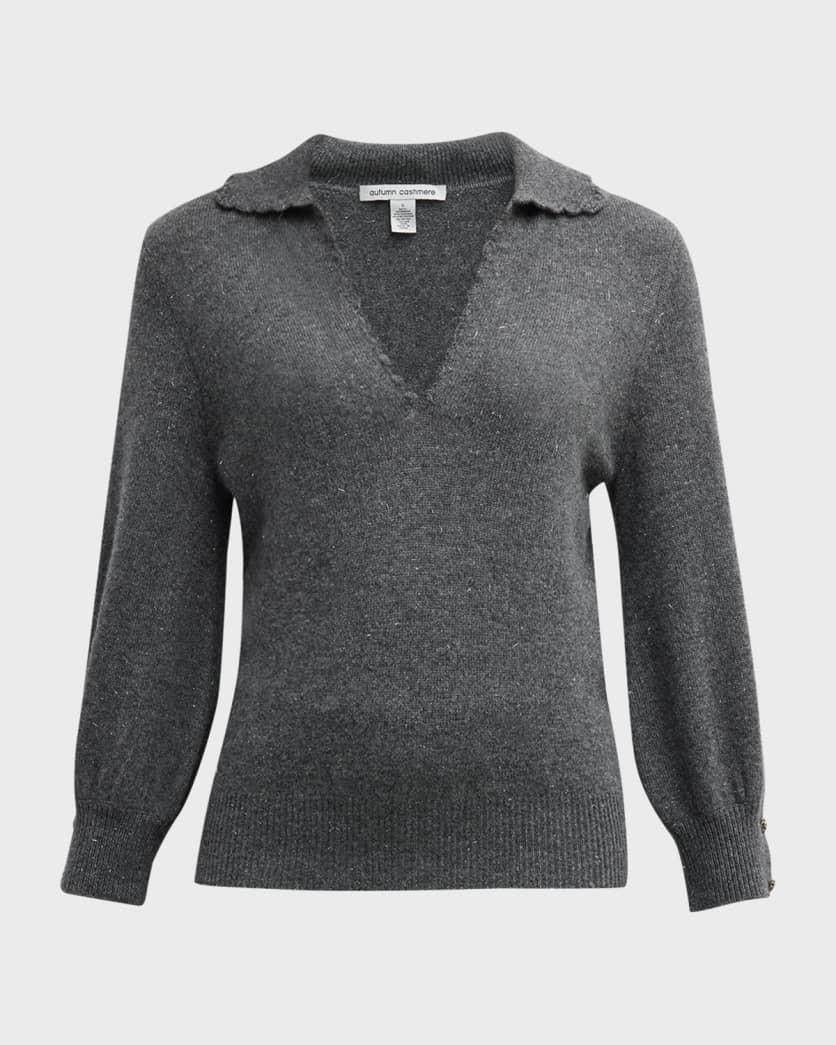 Autumn Cashmere Puff Sleeve Polo w/ Hand Crochet Details