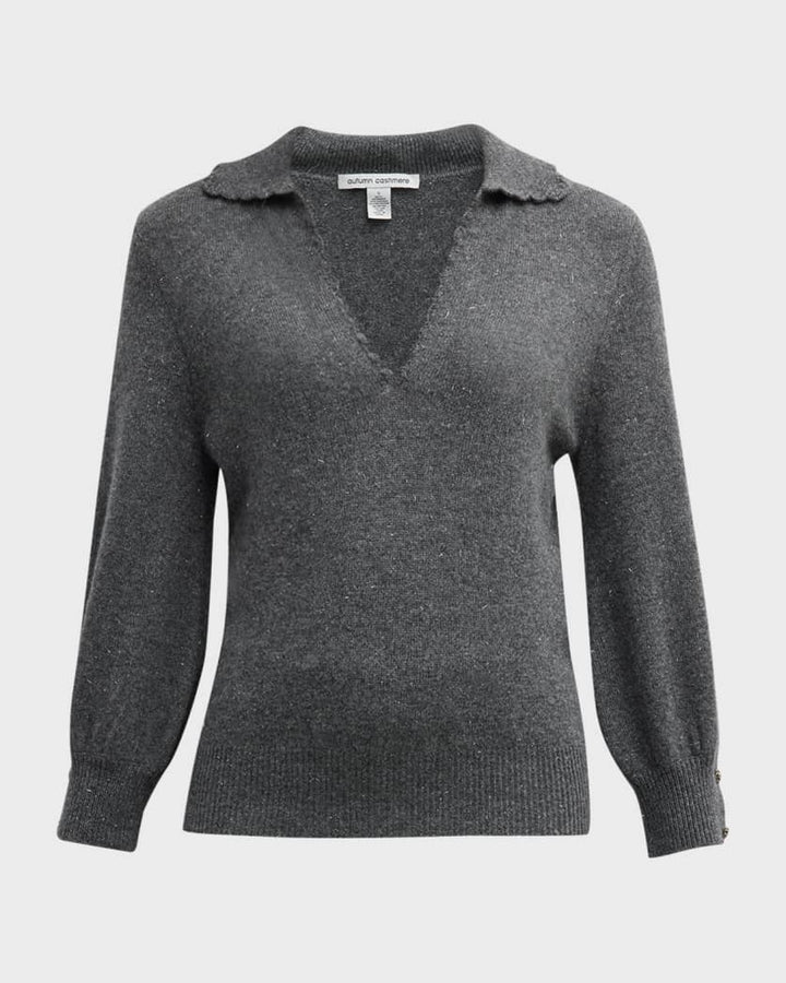 Autumn Cashmere Puff Sleeve Polo w/ Hand Crochet Details