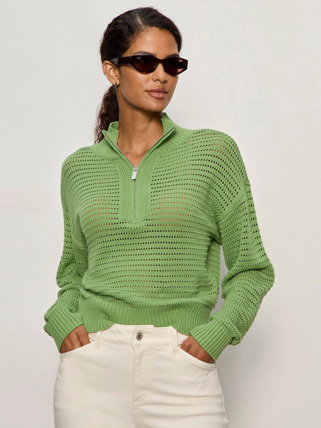Sanctuary Open Knit 1/2 Zip Sweater Detox Green - EQUATION 