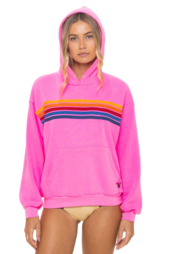 Aviator Nation 5 Stripe Relaxed Pullover Hoodie- Neon Pink