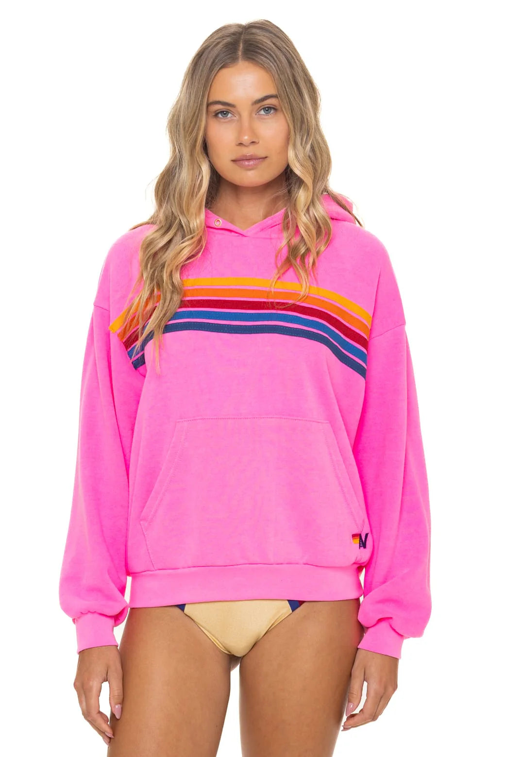 Aviator Nation 5 Stripe Relaxed Pullover Hoodie- Neon Pink
