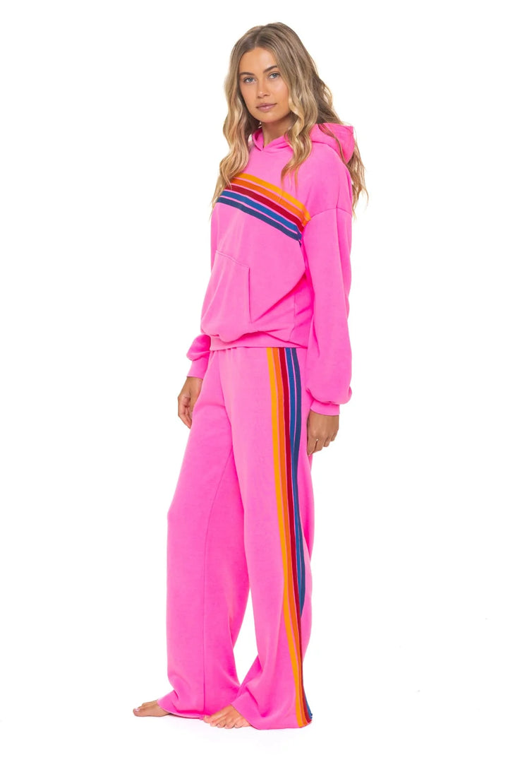 Aviator Nation 5 Stripe Relaxed Pullover Hoodie- Neon Pink