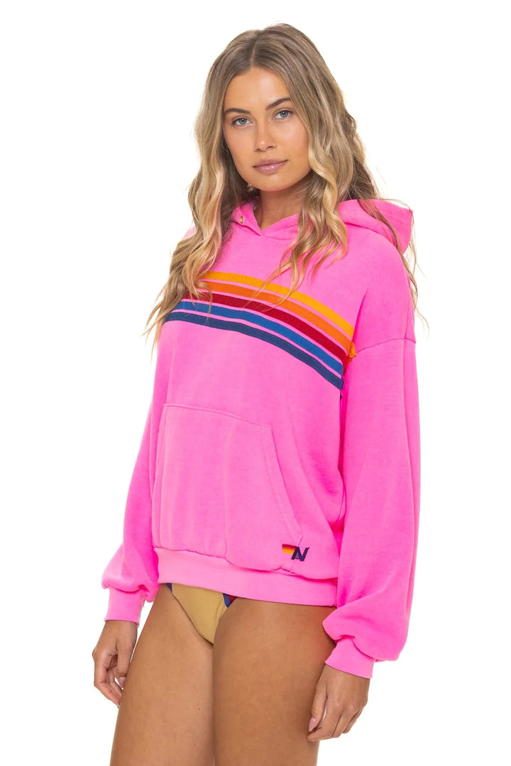 Aviator Nation 5 Stripe Relaxed Pullover Hoodie- Neon Pink