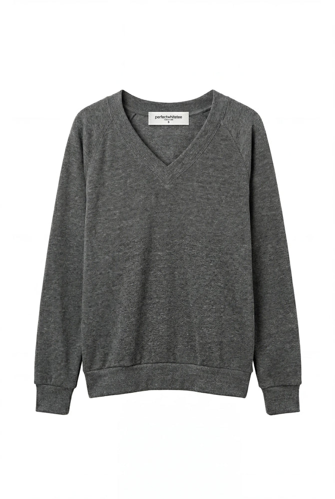 PERFECTWHITETEE Sinead French Terry V Neck Sweatshirt -Dark Heather Grey