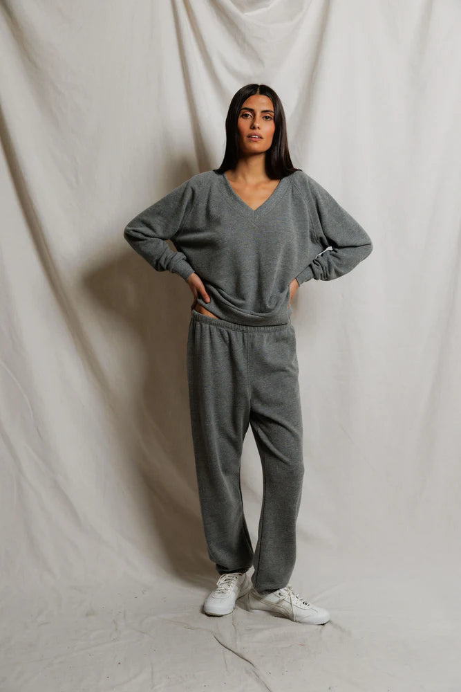 PERFECTWHITETEE Sinead French Terry V Neck Sweatshirt -Dark Heather Grey