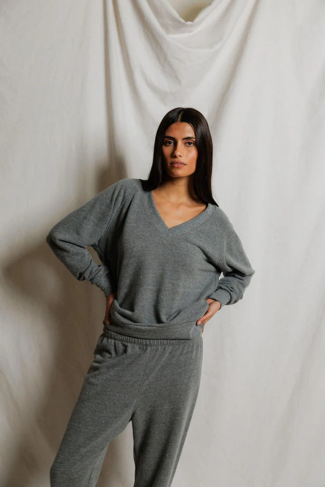 PERFECTWHITETEE Sinead French Terry V Neck Sweatshirt -Dark Heather Grey