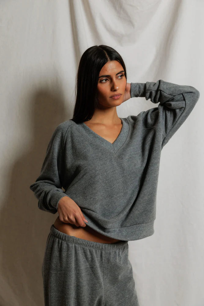 PERFECTWHITETEE Sinead French Terry V Neck Sweatshirt -Dark Heather Grey