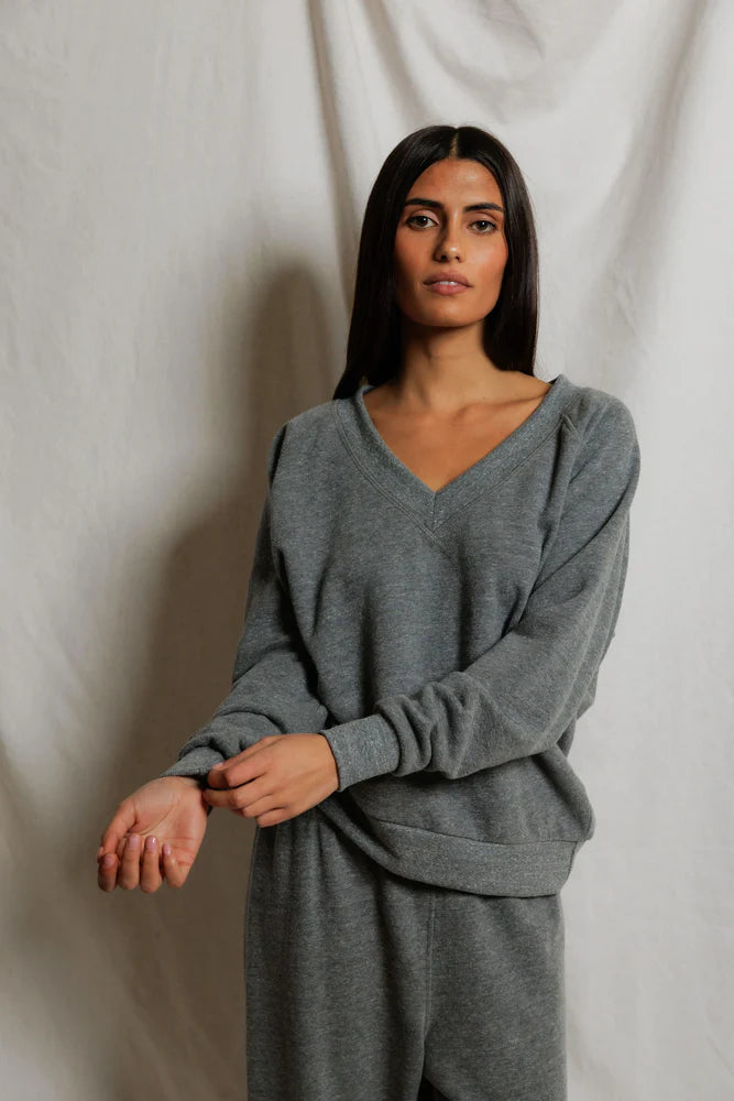 PERFECTWHITETEE Sinead French Terry V Neck Sweatshirt -Dark Heather Grey