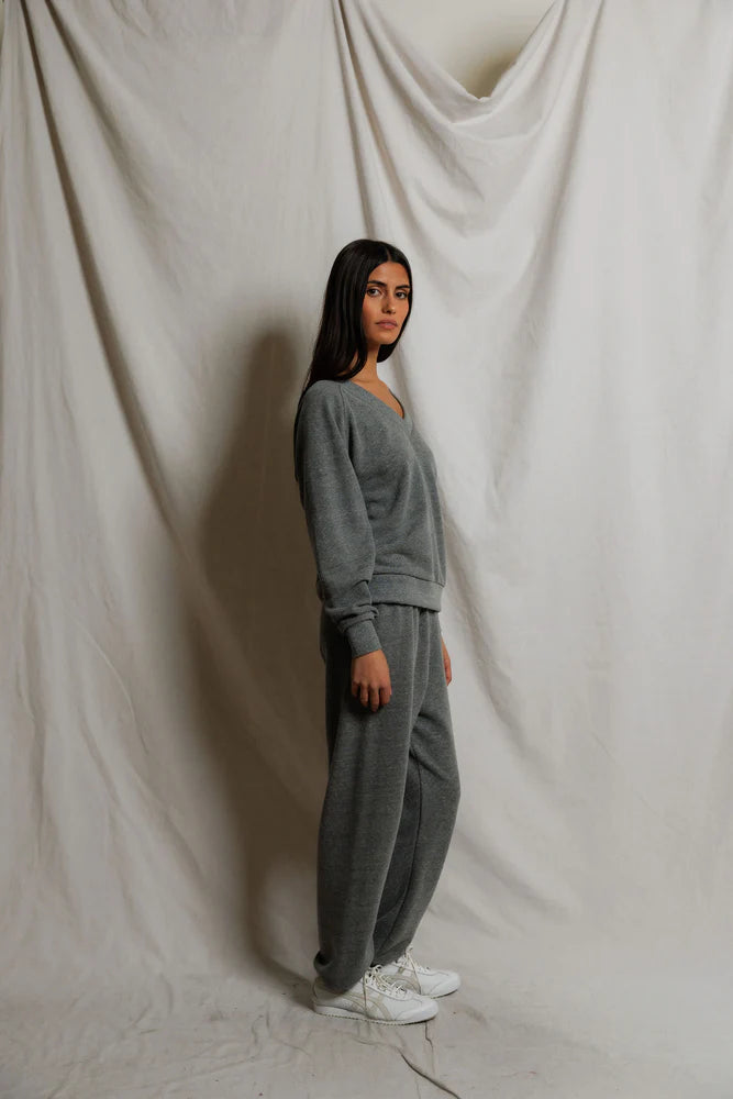 PERFECTWHITETEE Sinead French Terry V Neck Sweatshirt -Dark Heather Grey