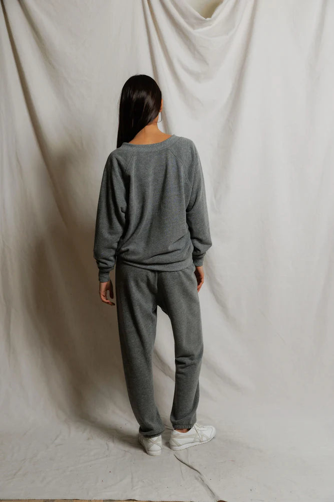 PERFECTWHITETEE Sinead French Terry V Neck Sweatshirt -Dark Heather Grey