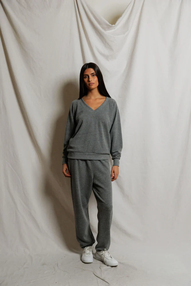 PERFECTWHITETEE Sinead French Terry V Neck Sweatshirt -Dark Heather Grey