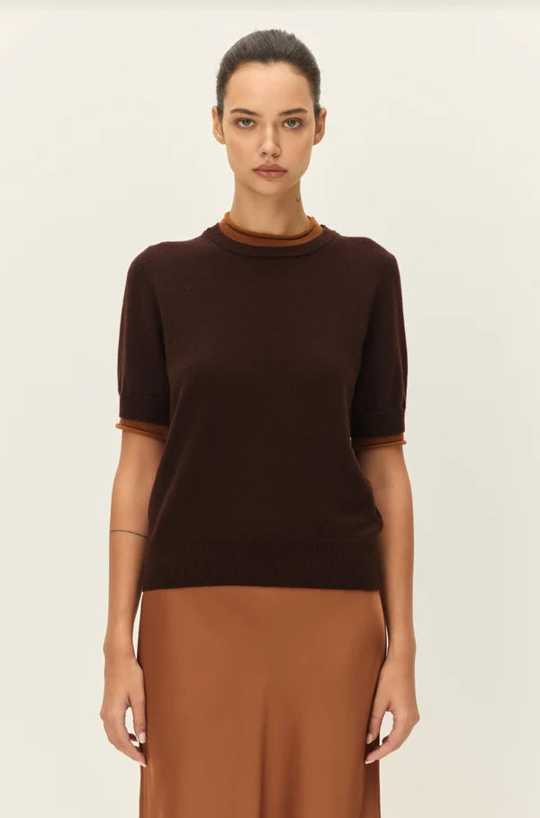 A model wearing a dark brown short-sleeve knit sweater with contrasting brown ribbed trim at the crew neck and sleeve cuffs, paired with a matching brown skirt, against a plain off-white studio background.