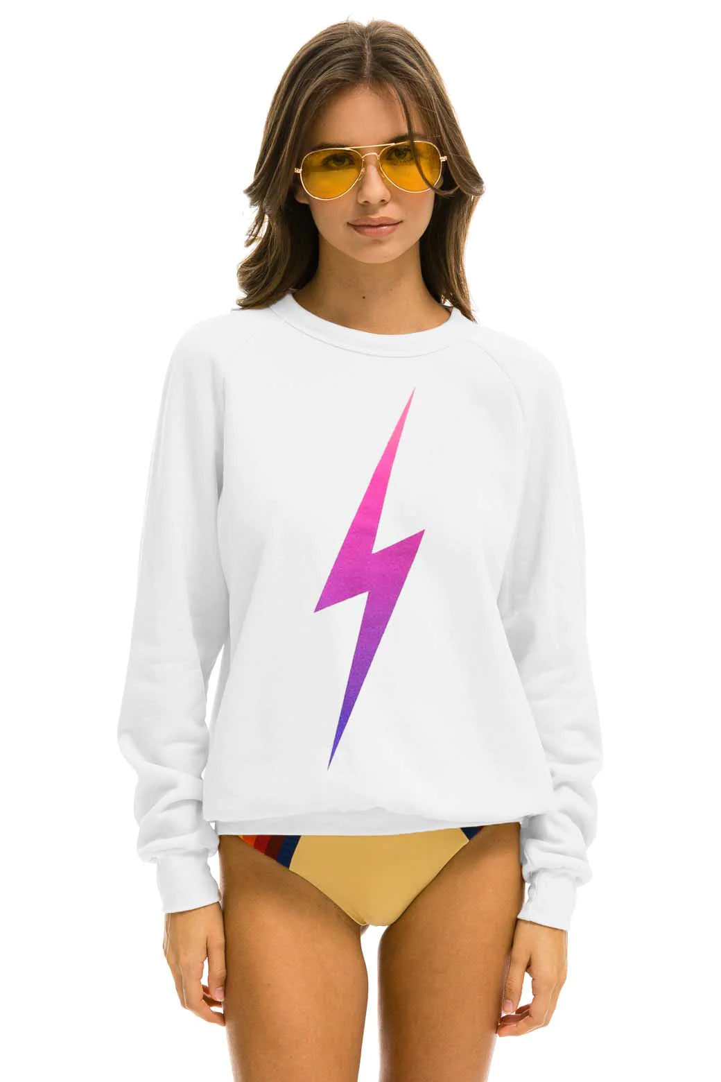 Aviator Nation Bolt Fade Crew Pullover Sweatshirt - White / Pink Purple