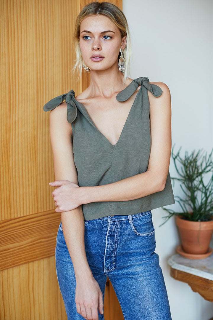Emerson Fry Tie Shoulder Mod Top - Army Linen