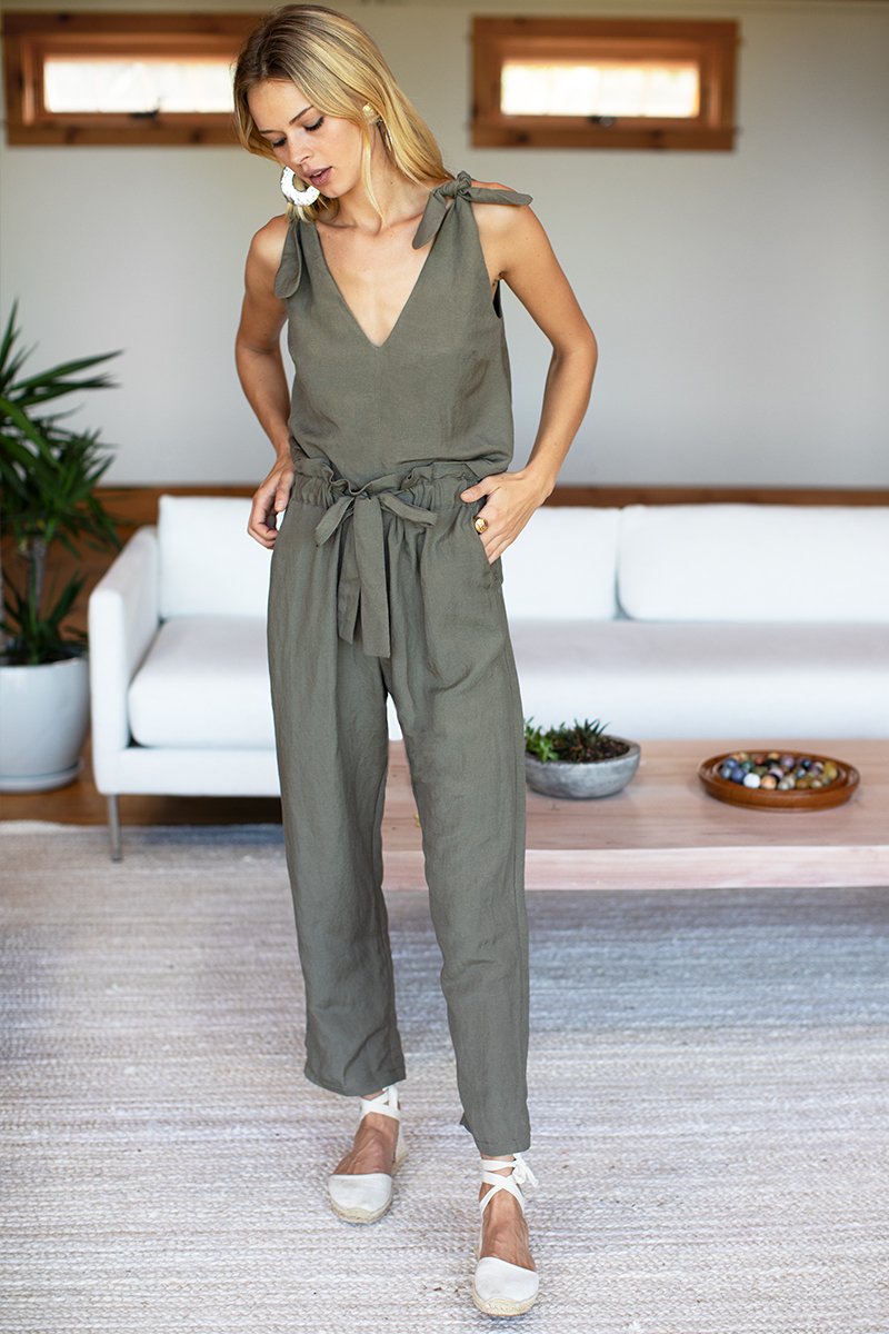 Emerson Fry Tie Shoulder Mod Top - Army Linen