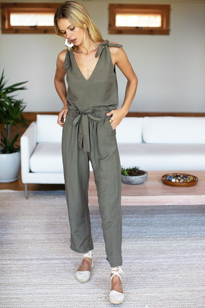 Emerson Fry Tie Shoulder Mod Top - Army Linen