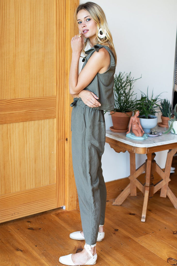Emerson Fry Tie Shoulder Mod Top - Army Linen