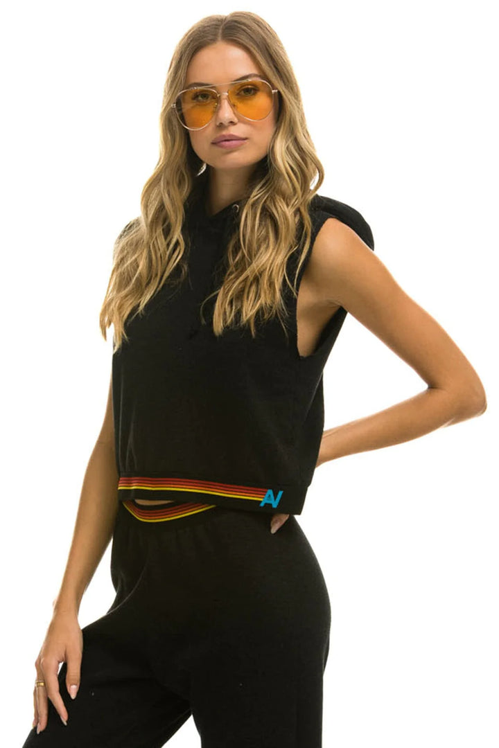 Aviator Nation Logo Stripe Sleeveless Crop Sweatshirt - Black