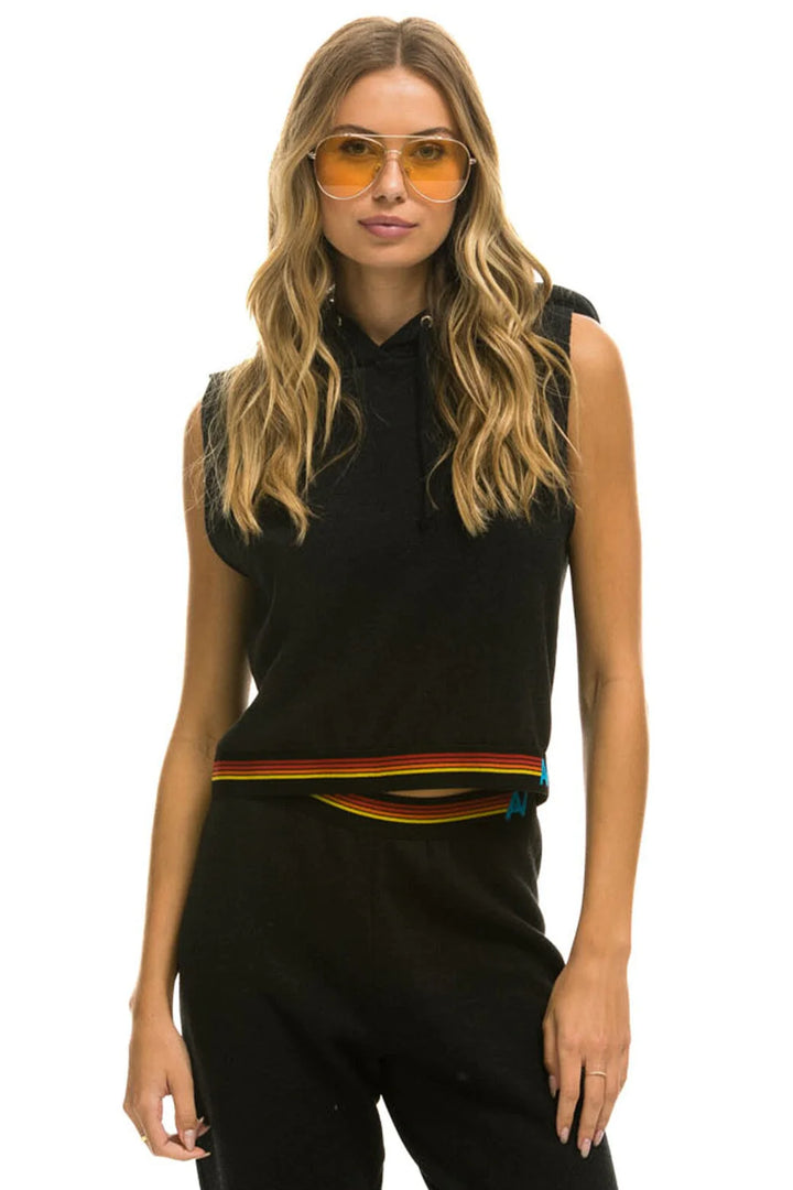 Aviator Nation Logo Stripe Sleeveless Crop Sweatshirt - Black