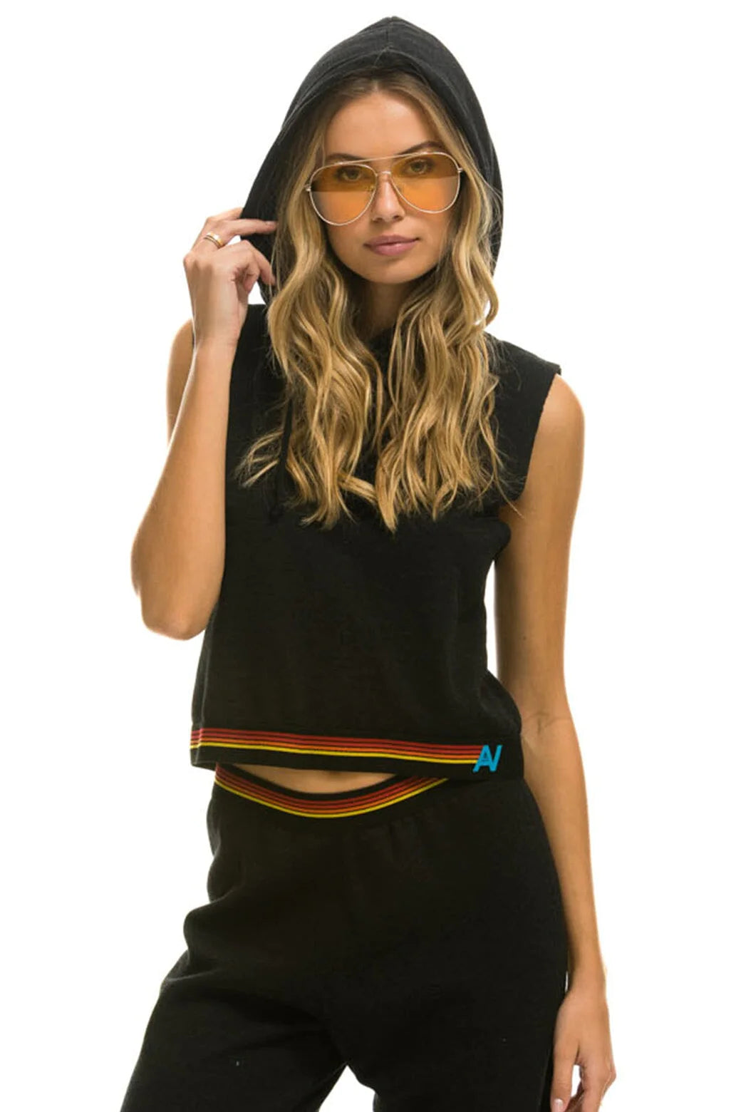 Aviator Nation Logo Stripe Sleeveless Crop Sweatshirt - Black